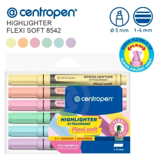 Zvýrazňovač pastelový 8542 - Sada 6 barev - Centropen Highlighter FLEXI