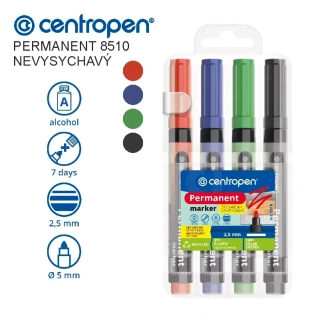 Sada 4 permanentních popisovačů Centropen 8510 – mix barev, nevysychavé, 2,5 mm