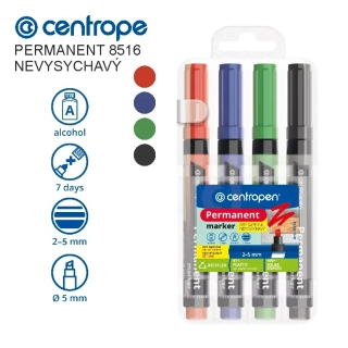 Sada 4 permanentních popisovačů Centropen 8516 – mix barev, nevysychavé, 2-5 mm, zkosený hrot