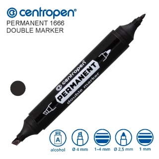 Permanentní popisovač Centropen 1666 – černý, oboustranný, kulatý hrot 1mm a zkosený 1-4mm