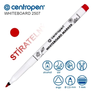 Stíratelný popisovač Centropen Whiteboard 2507 – červený, slabý hrot 1 mm