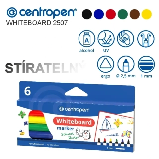 Stíratelná sada popisovačů Centropen Whiteboard 2507 – mix 6 barev, hrot 1 mm