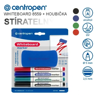 Stíratelná sada popisovačů Centropen Whiteboard 8559 – 4 barvy, kulatý hrot 2,5 mm + magnetická houbička
