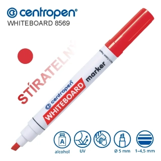 Stíratelný popisovač Centropen Whiteboard 8569 – červený, zkosený hrot 1-4,5mm